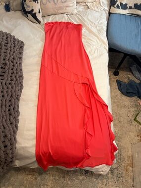 Strapless Red Ruffle Maxi Dress